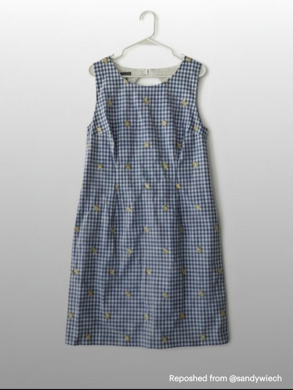 Talbots Blue Gingham Sleeveless Shift Dress with Floral Embroidery Size 14